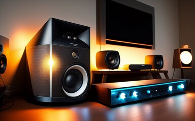 sound system in the living room of a house, with yellow lights.