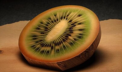  a kiwi cut in half sitting on top of a wooden cutting board.  generative ai