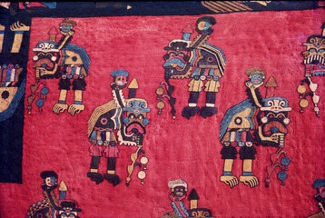 Ica  paracas  Peru -April 2016 -the culture nazca with details of textil figure mithical, being horrible bird, mithical killer ,spotter cat from 100bc to 800 ac  aequeological site and history