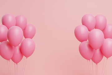 Two bunches of pink balloons on a pastel pink background. 3d render illustration