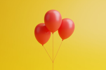 Fototapeta na wymiar A bunch of red balloons on a yellow background. 3d render illustration