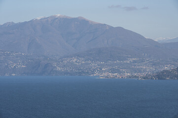 Fototapeta na wymiar Aerial view of the Lake Maggiore and Luino from the Sacro Monte of Ghiffa