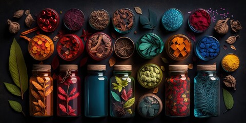 flatlay of collection of spices arranged in colorful bottles and jars showcasing the vibrant and aromatic nature of spices, created with Generative AI technology