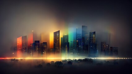 Fototapeta na wymiar city skyline whit rainbow at night