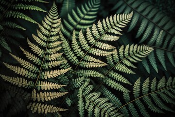 Close up foliage of fern leaves over dark background. Generative AI