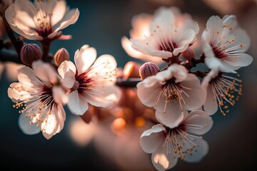 Cherry flowers close up macro shot. Springtime concept. Generative AI