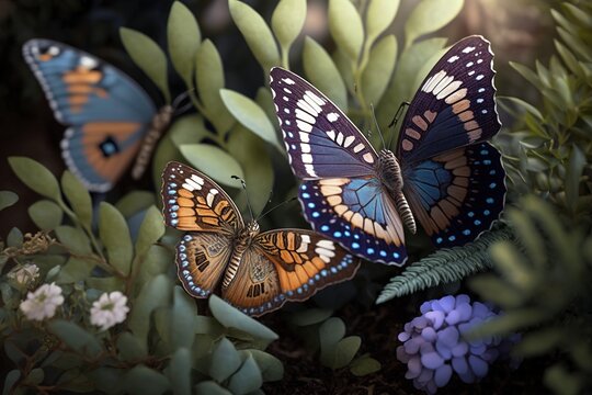 Close up image of beautiful butterflies posing on bushes. Generative AI illustration