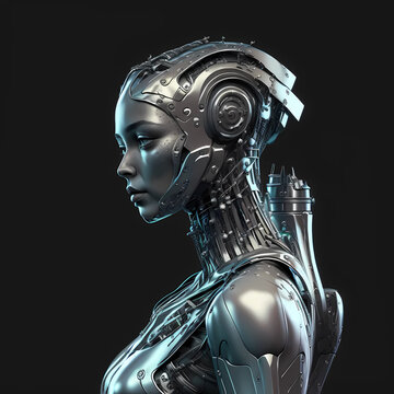 Synthetic humanoid robot, artificial intelligence. Portrait of gynoid, female futuristic cyborg. AI generative fembot.