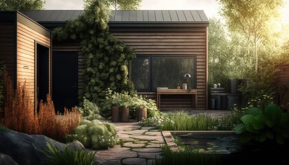Fototapeta na wymiar Backyard of a house with a sauna and green plants generative ai