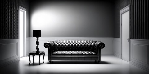 Luxury elegant dark living room interior with black sofa mock up, modern interior background, empty black wall mockup, 3d illustration