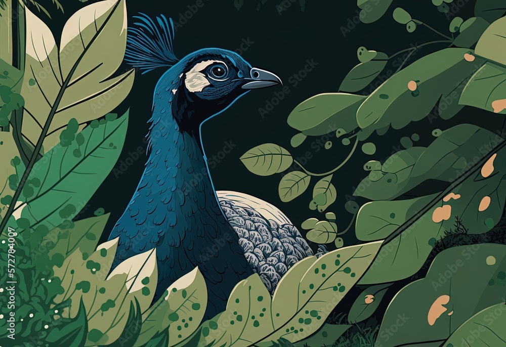 Poster close-up of a peacock in a forest setting generative ai