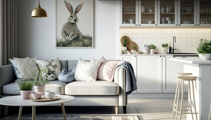 Interior of kitchen with Easter decor, white counters and sofa generative ai
