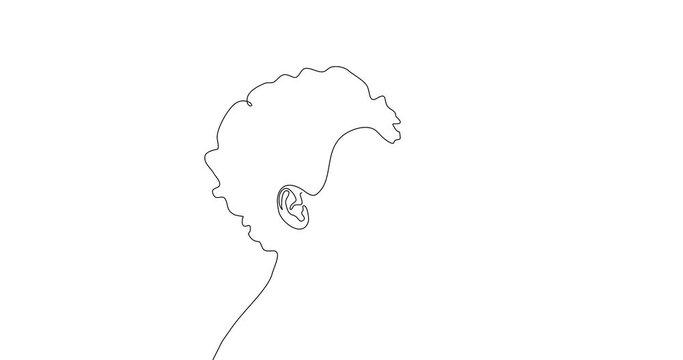 Self drawing one line icon head woman. Simple animation of single continuous black line drawing of female face with flower head on white. Trendy design in minimalist style. 4K Video motion graphic