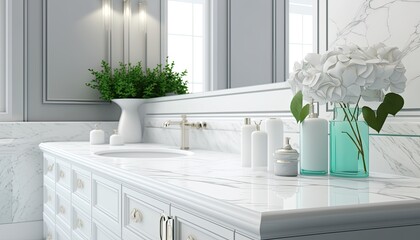 Luxury white marble bathroom countertop with copy space generative ai