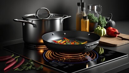 New cookware set on black induction hob in modern kitchen. Pot and frying pan in the kitchen on the hob generative ai