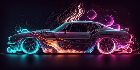 Abstract canvas neon light car automobile artwork design digital art wallpaper glowing space background - generative ai