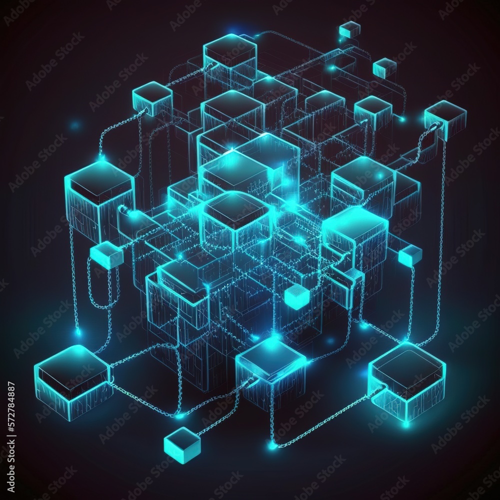 Aufkleber blockchain technology concept with diagram of chain and encrypted blocks, generative ai