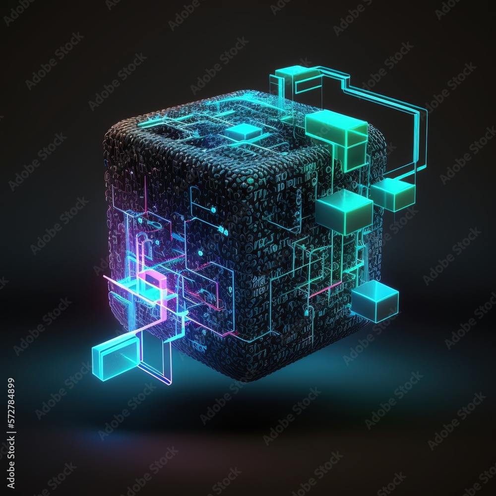 Aufkleber blockchain technology concept with diagram of chain and encrypted blocks, generative ai