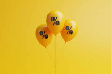 Set of yellow balloons with black percent sign floating on yellow background. Sale, discount and marketing concept. 3d render illustration