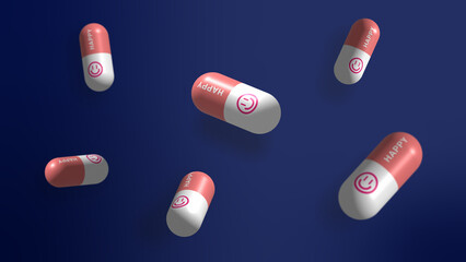 Capsule pills on a dark blue background, happy pills, 3d illustration, pills with happy faces, colorful pills, medical, 
