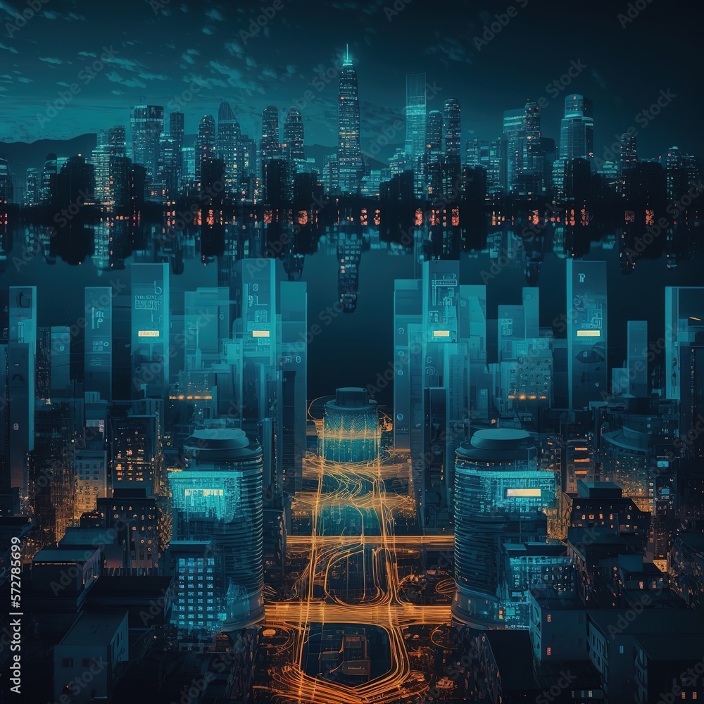 Wall mural Digital cityscape cyber virtual industrial metaverse and big data concept, generative ai