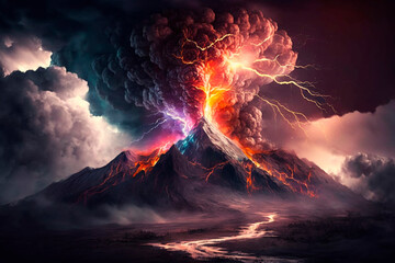 Illustration mountain with volcanic eruption clouds storm lightning AI generated - obrazy, fototapety, plakaty