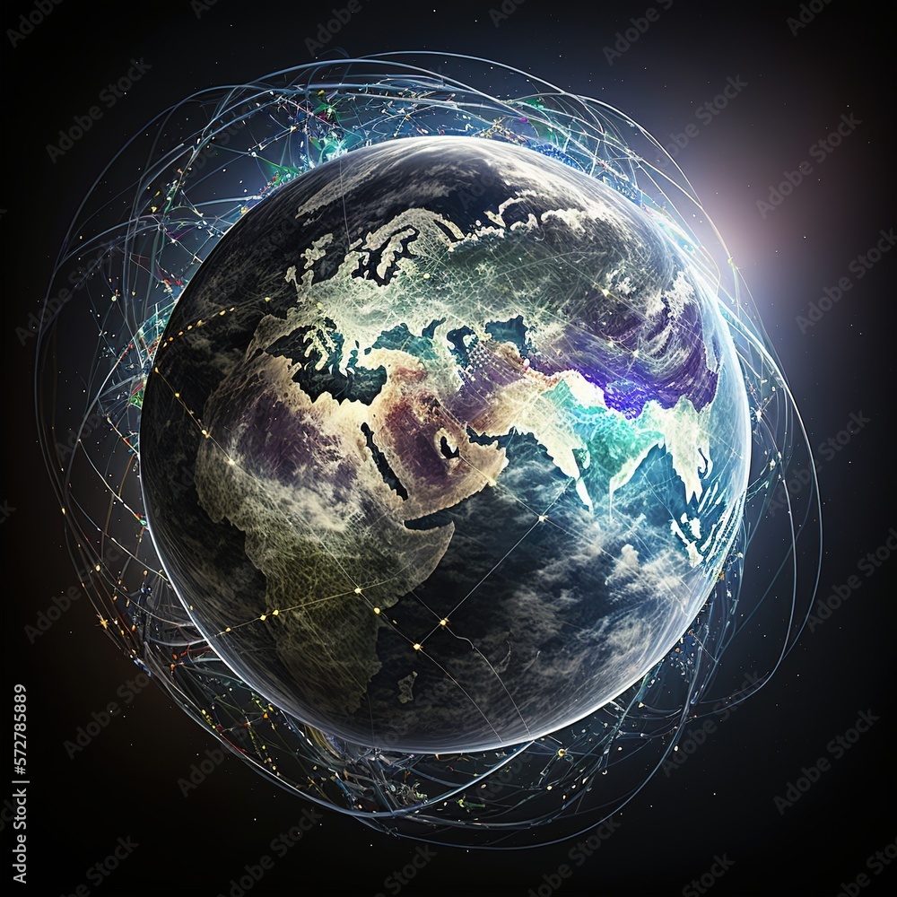 Poster global communication network in space, global exchange, generative ai