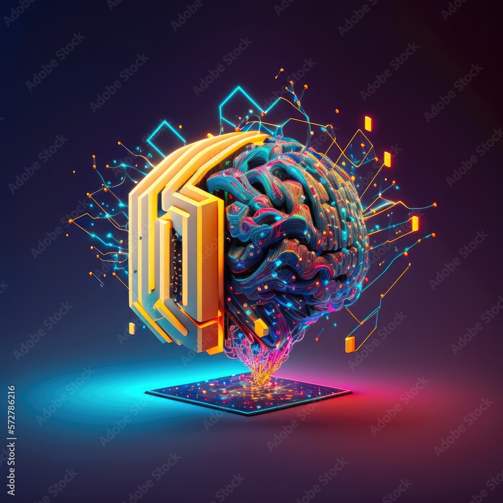Poster microchip inside cloud of dots and lines in shape of biological brain, organic nervous system. elect