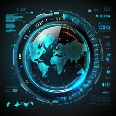 Obraz premium HUD ui futuristic user interface. global world map and business data charts. Digital screen of head up display dashboard panel, blue holograms of circular diagram. generative ai