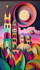 Obraz premium Spain, paper art collage, vibrant layered colored paper, travel panoramic background, banner, AI generative