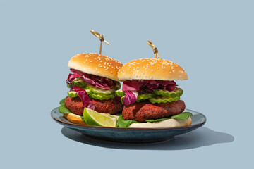 beetroot burger with lettuce and cucumber on blue background