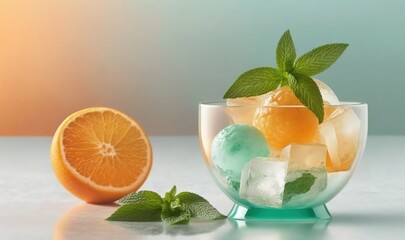  a glass bowl filled with ice and oranges next to a half of an orange.  generative ai
