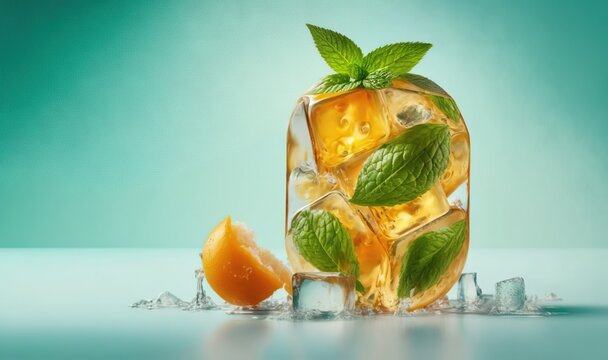  a glass of ice tea with mint leaves and orange slices.  generative ai
