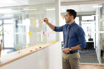 Focused caucasian man working and writing on glass board in office