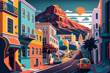 Naklejka premium A lively digital illustration of Cape Town, South Africa featuring bright colors, patterns, and energetic lines. Generative AI
