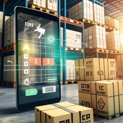 Smart warehouse management system using augmented reality technology to identify package picking and delivery . Future concept of supply chain and logistic business, generative ai