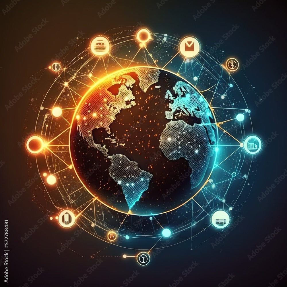 Aufkleber global network connection and data exchanges on sunset background, business networking with customer