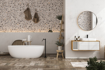 Modern minimalist bathroom interior, modern bathroom cabinet, white sink, wooden vanity, interior plants, bathroom accessories, bathtub, white wall, terrazzo flooring. 3d rendering