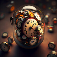 antique clocks of various sizes inside glass bell, soft orange light and blurred background, generative AI