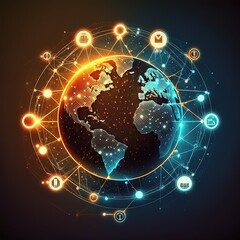 Obraz premium global network connection and data exchanges on sunset background, Business networking with customer, Science, Innovation, Communication and technology, generative ai