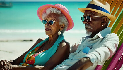 AI generated stylish elderly couple enjoying a sunny day on the beach, relaxing on lounge chairs, wearing fashionable sunglasses and hats, with colorful beach umbrellas in the back - obrazy, fototapety, plakaty