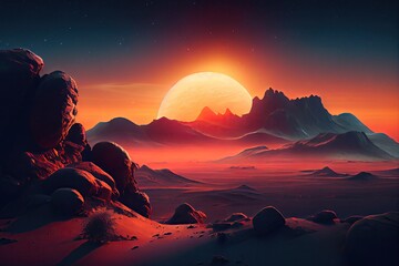 Fototapeta na wymiar Sunset, olympus mons, mars landscape, starry sky. Generative AI.