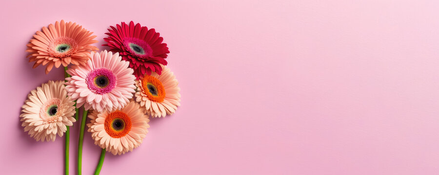 bouquet of gerberas on pink background top view flat banner  - generative ai