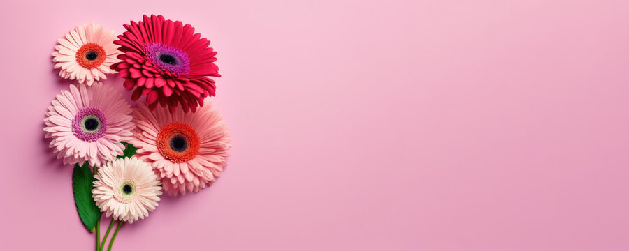 bouquet of gerberas on pink background top view flat banner  - generative ai
