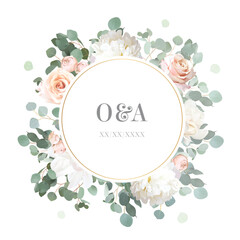 Floral eucalyptus selection vector frame. Hand painted branches, pink rose flowers, leaves on white