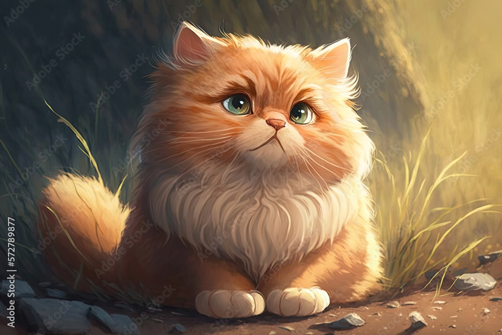 Poster image of a lovely and fluffy cat resting on the ground Generative AI