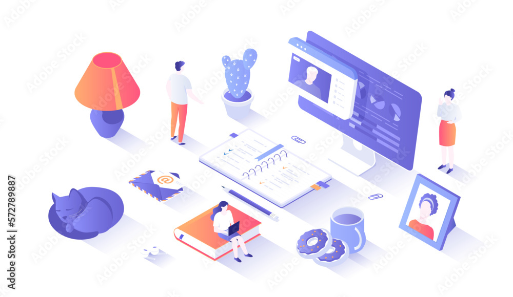 Poster home working. remote workplace. freelancing concept. visual online communication via video conferenc