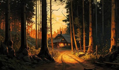  a painting of a house in the woods at sunset with a path leading to it.  generative ai