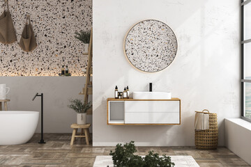 Modern minimalist bathroom interior, modern bathroom cabinet, white sink, wooden vanity, interior plants, bathroom accessories, bathtub, white wall, terrazzo flooring. 3d rendering