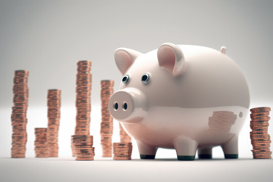piggy bank with coins on a bright background